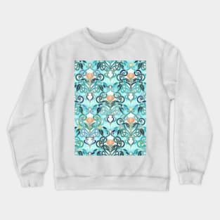 Ocean Aqua Art Nouveau Pattern with Peach Flowers Crewneck Sweatshirt